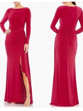 Mac Duggal Berry Long-Sleeve Ruched Evening Gown with Side Slit